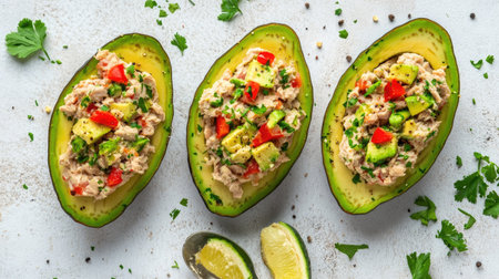 Fresh and colorful tuna-stuffed avocados, keto-friendly and ready to serve on a light background with spoon and napkinの素材