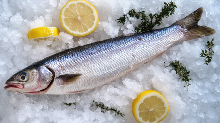 Fresh raw herring fish placed on crushed ice with lemon slices and herbs, ideal for seafood markets or culinary themesの素材