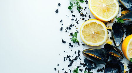 Flat lay of mussels with sliced lemon and herb garnish on white background, perfect for seafood menu conceptsの素材