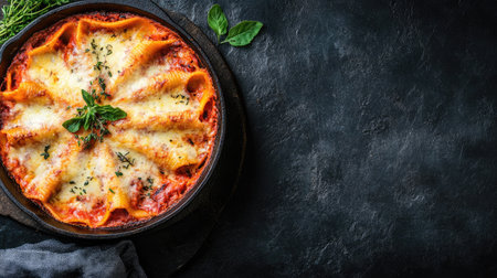 Flat lay of lasagna-style stuffed pasta shells in cast iron skillet, melted cheese and herbs on top, with space for recipe textの素材