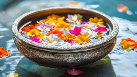 Floating jasmine and marigold petals in water inside Thai silver bowl, Songkran ritual theme with cultural elementsの素材