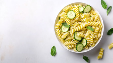 Fresh cucumber pasta salad served on light background, spring ingredients with green tones, space left for promotional textの素材