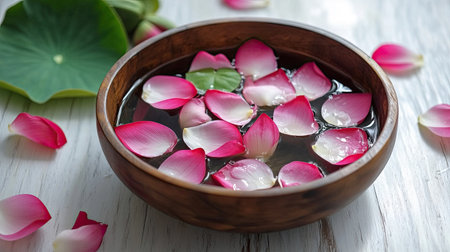 Fresh petals in scented water bowl with lotus leaf and Thai garland, Songkran Festival decoration on white woodの素材
