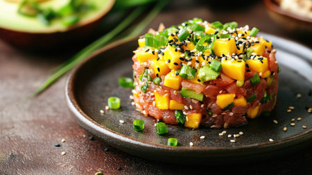 Fresh tropical tartare made of diced tuna, mango and avocado, styled with green onions and sesame for elegant appetizerの素材