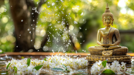 Fragrant water with floating petals sprinkled over golden Buddha statue, jasmine garland in foreground, Thai Songkranの素材