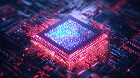 D futuristic rendering of an AI processor chip, glowing digital circuits projected as a hologram, cyber-tech evolution conceptの素材