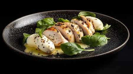 A beautifully arranged plate of fresh chicken fillet and mozzarella salad with basil and lettuce, set against black.の素材