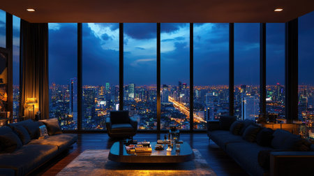 D render of a high-end, spacious empty room with panoramic Bangkok skyline views, floor-to-ceiling windows, luxury real estate at nightの素材