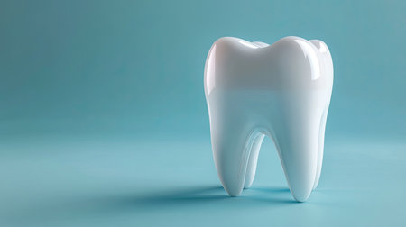 D-rendered dental model on a clean blue background, symbolizing oral health, mock-up for dentistry branding.の素材