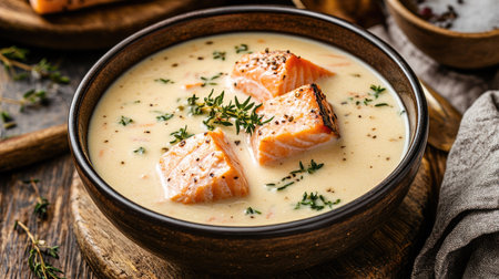 A bowl of creamy Finnish Kalakeitto salmon soup, garnished with fresh thyme, served in a rustic setting for a comforting meal.の素材
