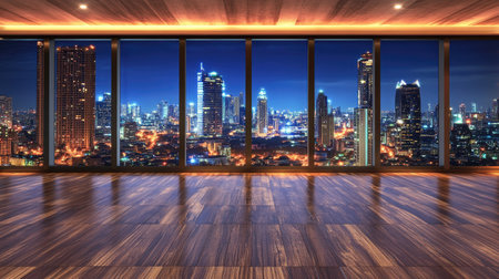 D render of an empty high-rise apartment, large windows offering a breathtaking Bangkok city view, luxury real estate, illuminated skyline at nightの素材