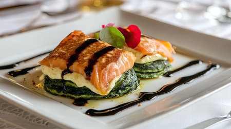 A beautifully plated dish of spinach pancakes with smoked salmon, Philadelphia cheese, and balsamic glaze, served on a light tablecloth.の素材