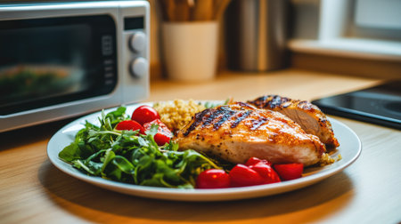A balanced organic meal with grilled chicken, quinoa, and fresh greens sits next to a digital microwave in a minimalist kitchen.の素材