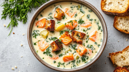 A bowl of creamy Finnish salmon soup with potatoes, carrots, and herbs, garnished with crispy croutons, served on a gray concrete background.の素材