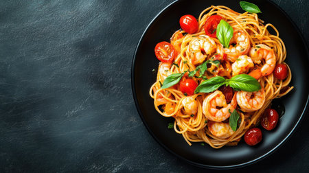 A black plate of spaghetti seafood pasta with shrimp, cherry tomatoes, and fresh basil, elegantly plated for a fine dining experience.の素材