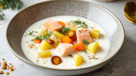 A bowl of Finnish salmon soup with a velvety cream broth, hearty potatoes, carrots, and golden croutons on a minimalist gray background.の素材
