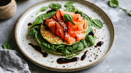 A beautifully styled dish of spinach pancakes with salmon and cream cheese, finished with balsamic glaze, served on a round ceramic plate.の素材