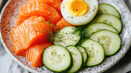 A colorful keto breakfast plate with fresh salmon, eggs, avocado slices, and cucumbers, styled for a healthy meal.の素材