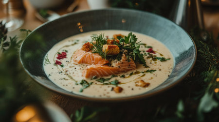 A beautifully plated bowl of Finnish salmon soup, featuring a creamy broth, tender salmon pieces, and a topping of herbs and croutons.の素材