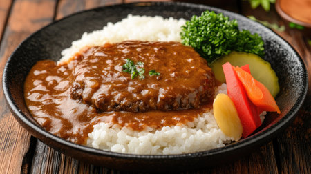 A beautifully plated Japanese curry with mini hamburger steak on rice, served with pickled vegetables on a rustic wooden table.の素材