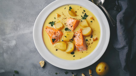 A beautifully plated Finnish salmon soup with creamy broth, salmon fillet chunks, potatoes, and croutons on a gray concrete surface.の素材