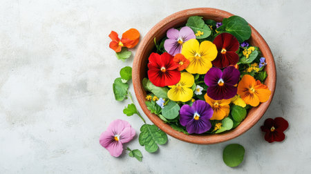 A colorful mix of roses, nasturtiums, pansies and mche leaves in a ceramic salad bowl, flat lay of edible floral dishの素材
