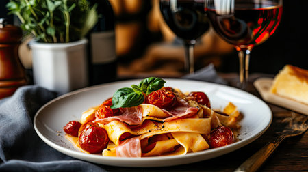 A beautifully plated pappardelle pasta dish with prosciutto, stewed tomatoes, and wine cream sauce, styled on a table with a vase and wine glass.の素材