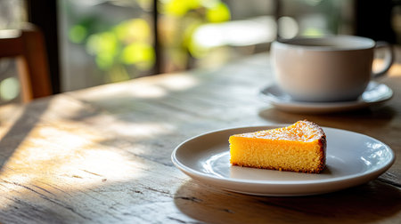 A beautifully plated homemade orange cake slice on a white dish, set on a rustic wooden caf table with a blurred background.の素材