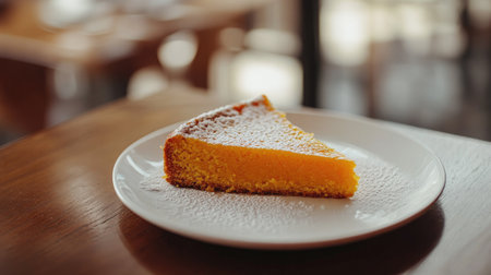 A beautifully styled orange cake slice on a white plate, placed on a wooden table with soft natural lighting for a coffee shop menu.の素材