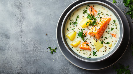 A beautifully plated Finnish salmon soup with creamy broth, salmon fillet chunks, potatoes, and croutons on a gray concrete surface.の素材