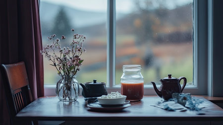 A breakfast setup with sour cream in a small dish and homemade yogurt in a glass container, styled for a cozy morning vibe.の素材