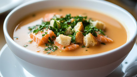 A beautifully plated bowl of Finnish salmon soup, featuring a creamy broth, tender salmon pieces, and a topping of herbs and croutons.の素材