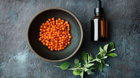 A bowl of bright sea buckthorn berries with fresh leaves, arranged alongside a bottle of rich sea buckthorn oil.の素材
