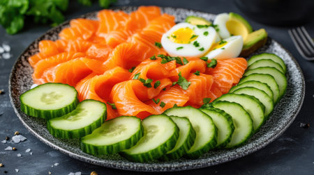 A colorful keto breakfast plate with fresh salmon, eggs, avocado slices, and cucumbers, styled for a healthy meal.の素材