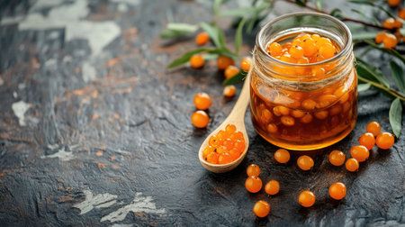 A cozy autumn composition with sea buckthorn berries, golden oil in a glass jar, and a wooden spoon on a rustic background.の素材