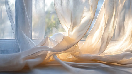 A delicate transparent curtain draped over a window, soft light playing across the folds of the sheer fabric.の素材