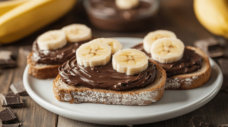A delicious morning treat toasted bread with smooth chocolate spread and ripe banana slices, served on a white plate.の素材
