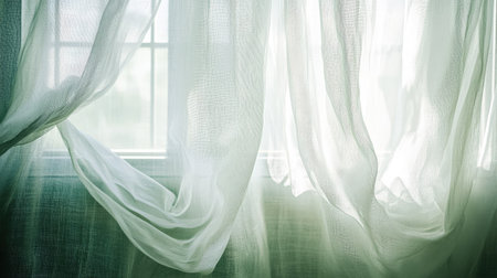 A delicate transparent curtain draped over a window, soft light playing across the folds of the sheer fabric.の素材