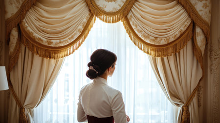 A hotel maid inspecting curtains, making adjustments for a perfectly organized hotel suite.の素材