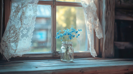 A delicate wooden window with floral lace curtains, a small bouquet of forget-me-nots in a tiny glass jar, and a peaceful ambiance.の素材