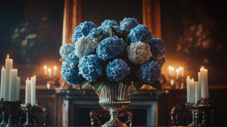 A floral centerpiece of blue hydrangeas in a silver vase, styled on an elegant dining table with candlelight.の素材