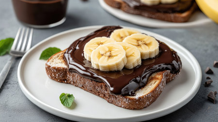 A delightful morning treat featuring toast covered in chocolate spread with banana slices, on a white ceramic plate.の素材