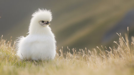 A fluffy Silkie chicken enjoying the fresh grass in an open meadow, bathed in gentle morning light.の素材