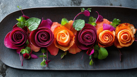 A gourmet beet salad accented by an edible bouquet of pancake roses the artistic presentation features bold beet tones paired with delicate pancake detailsの素材