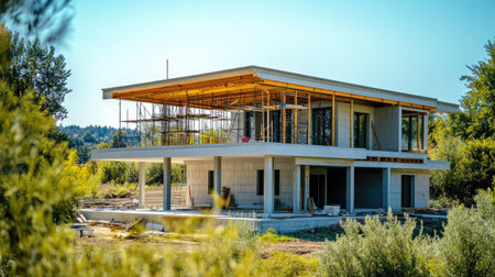 A modern-style two-story home under construction with hollow concrete blocks and roofing framework on a construction siteの素材