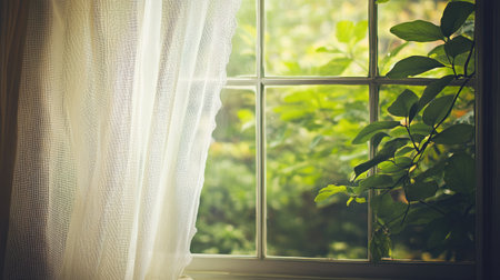 A gently flowing transparent curtain over a window, creating a peaceful and serene atmosphere.の素材