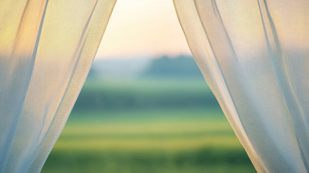 A gently flowing transparent curtain over a window, creating a peaceful and serene atmosphere.の素材