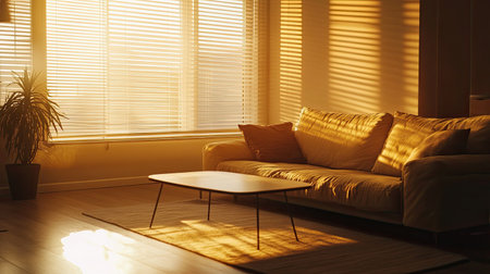 A minimalist bedroom with white blinds, soft sunlight illuminating a modern couch and a neatly arranged coffee table.の素材