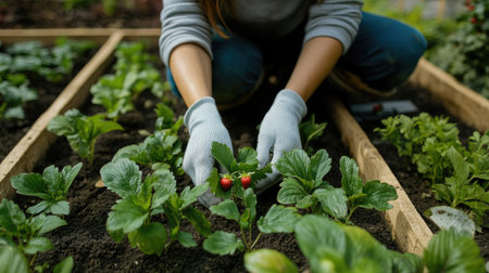 A gardener kneeling in a lush garden, carefully planting strawberry seedlings into raised garden beds with vibrant green foliage around.の素材