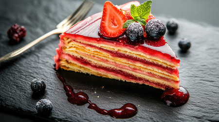 A gourmet strawberry mille-crpe cake, sliced and served with berry compote, elegantly placed on a black slate background.の素材